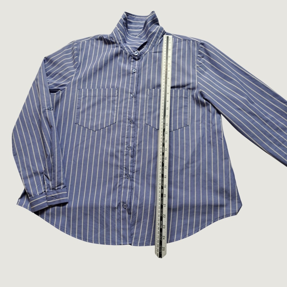 Olive & Oak Striped Button Down Shirt Womens Medium Blue Excellent Roll-Tab‎